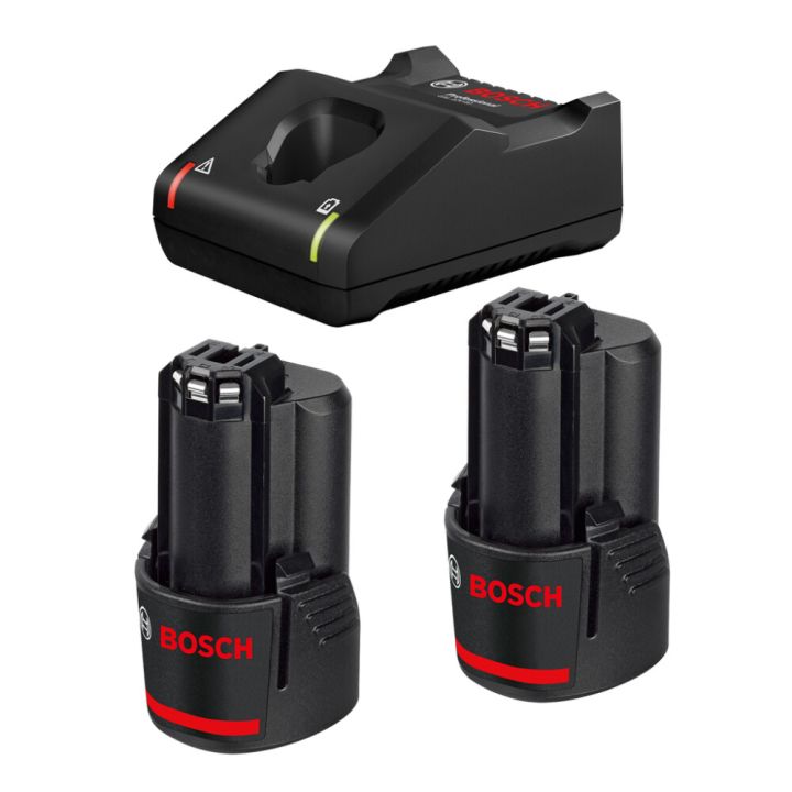 Hleðslutæki og 2x12V 2Ah rafhlöður Bosch