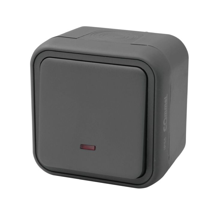 Þrýstirofi með ljósi rakaþéttur IP55 10A Commel dökk grár