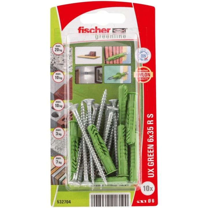 Múrtappar UX R S Fischer grænn 6x35mm 4stk með skrúfum