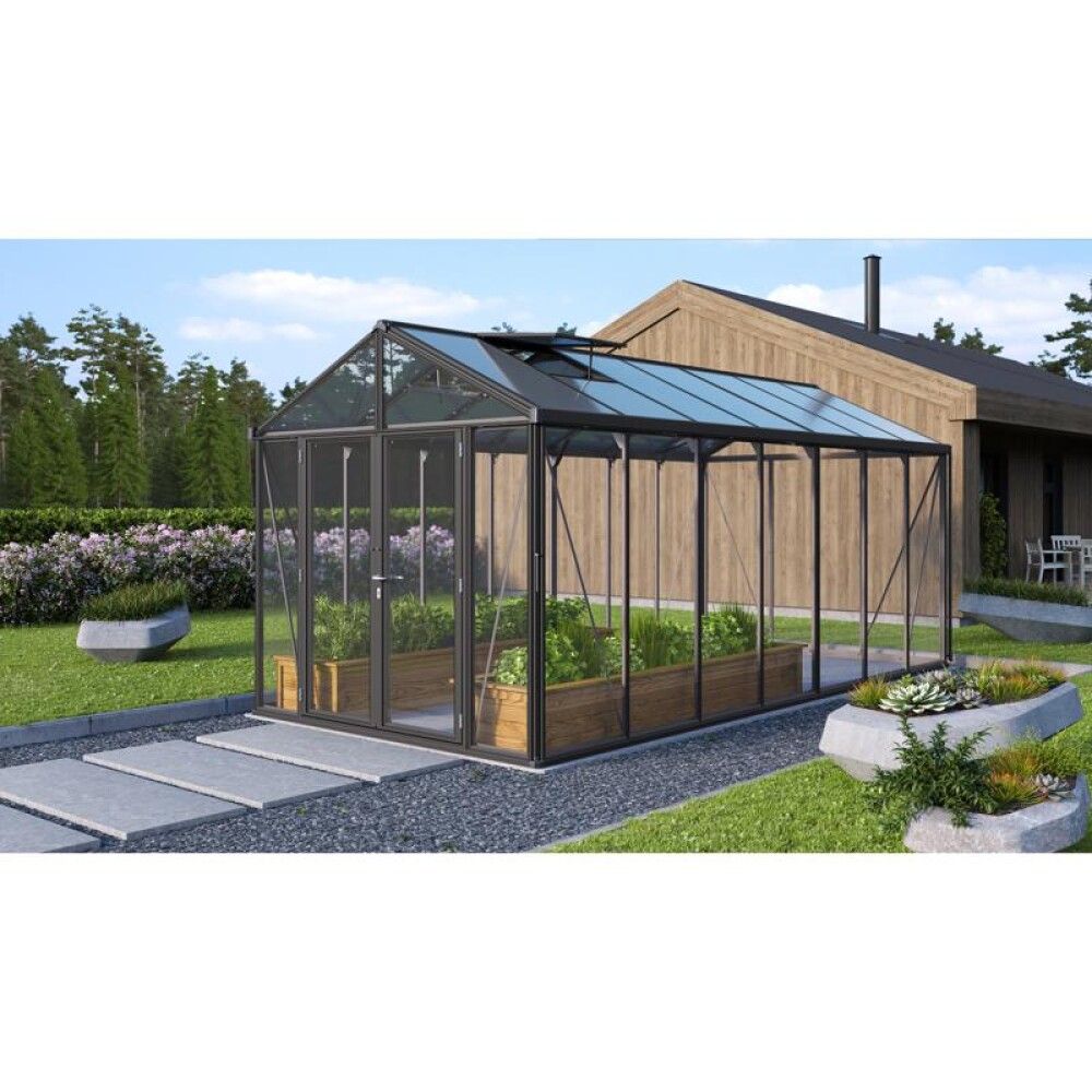 Gróðurhús Poseidon 13,8 m² svart 3 mm hert gler og polyþak