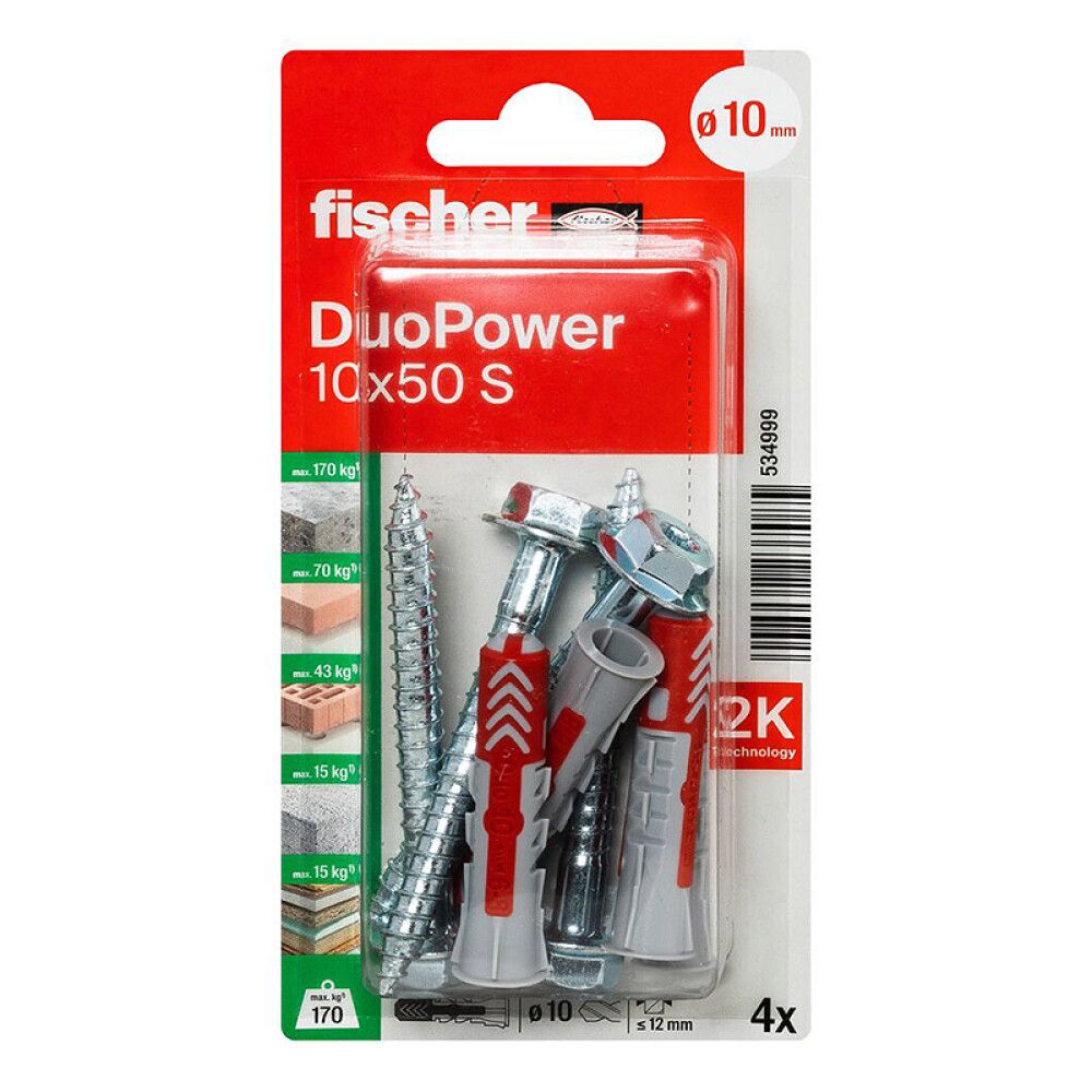 Múrtappi 10x50mm Fischer Duopower 4stk með skrúfum