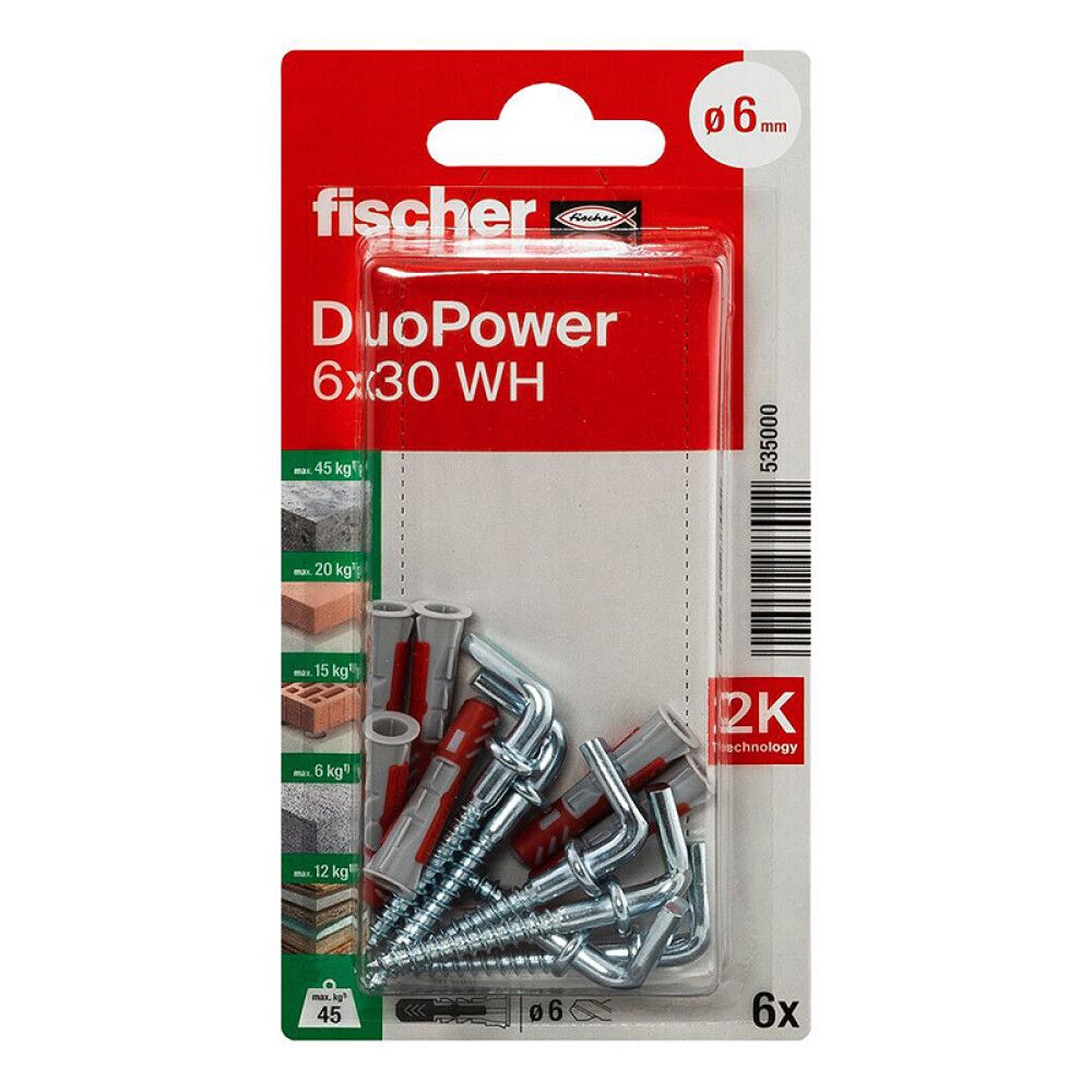 Múrtappi 6x30mm Fischer Duopower 6stk með vinkilkrók