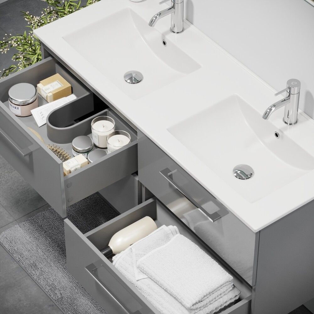 Baðinnrétting tvöföld handlaug 120 cm Camden grá