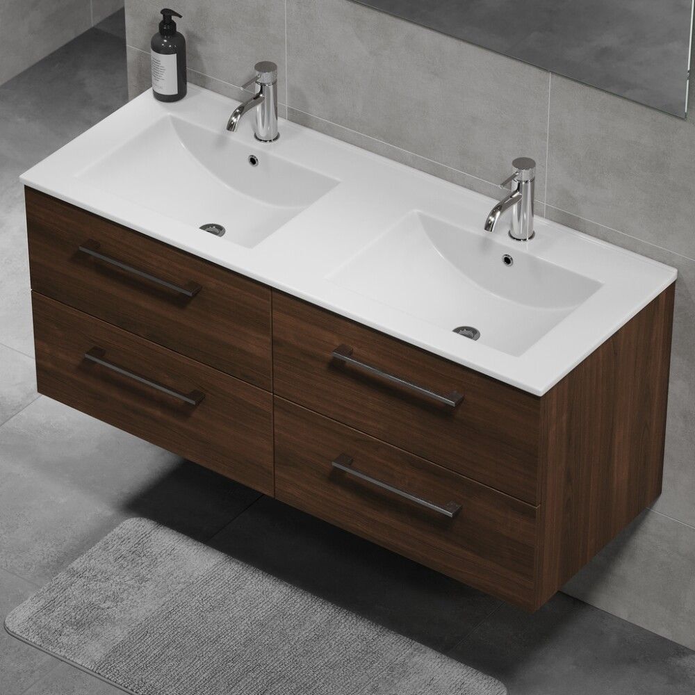 Baðinnrétting tvöföld handlaug 120 cm Camden hnota