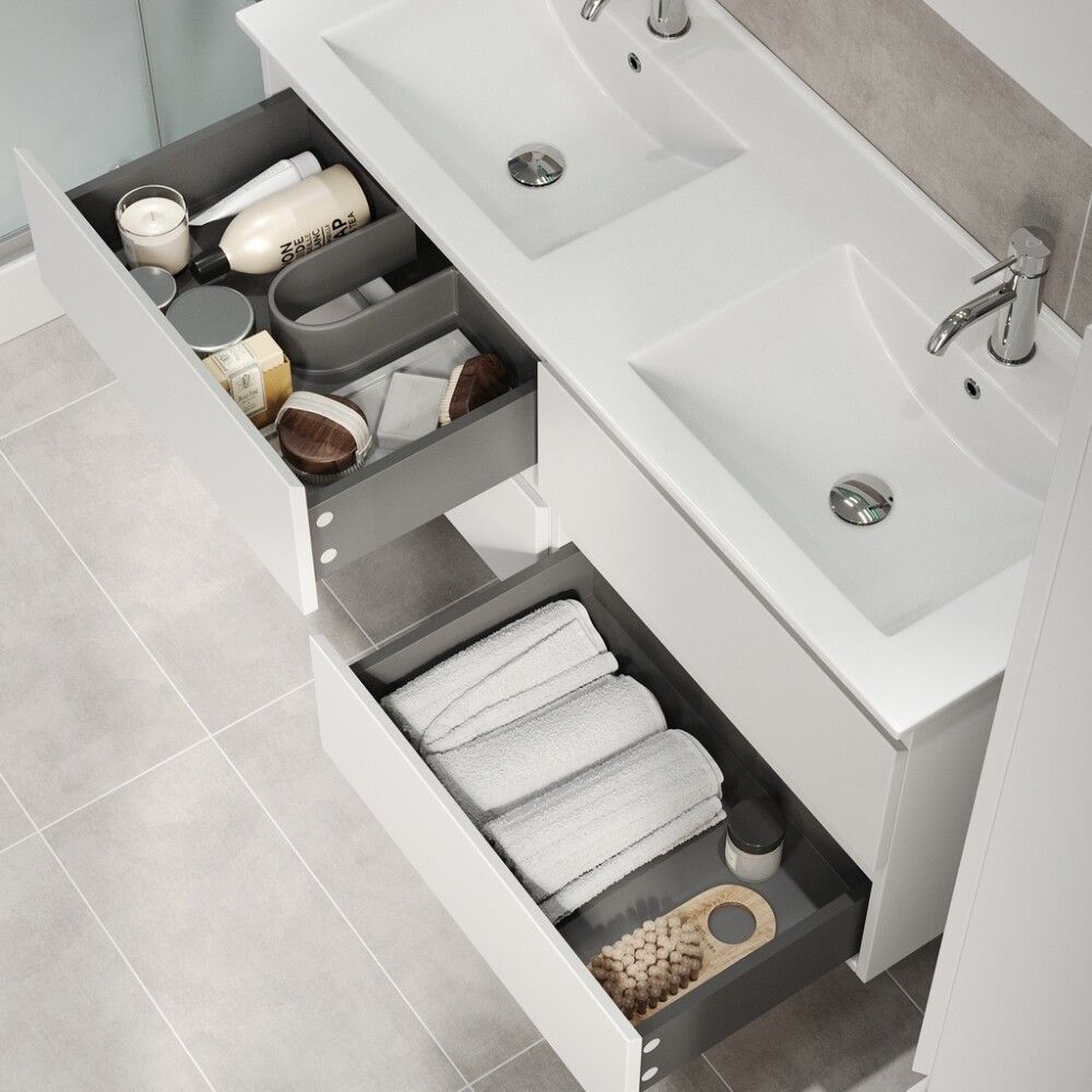 Baðinnrétting tvöföld handlaug 120 cm Camden Integrated hvít