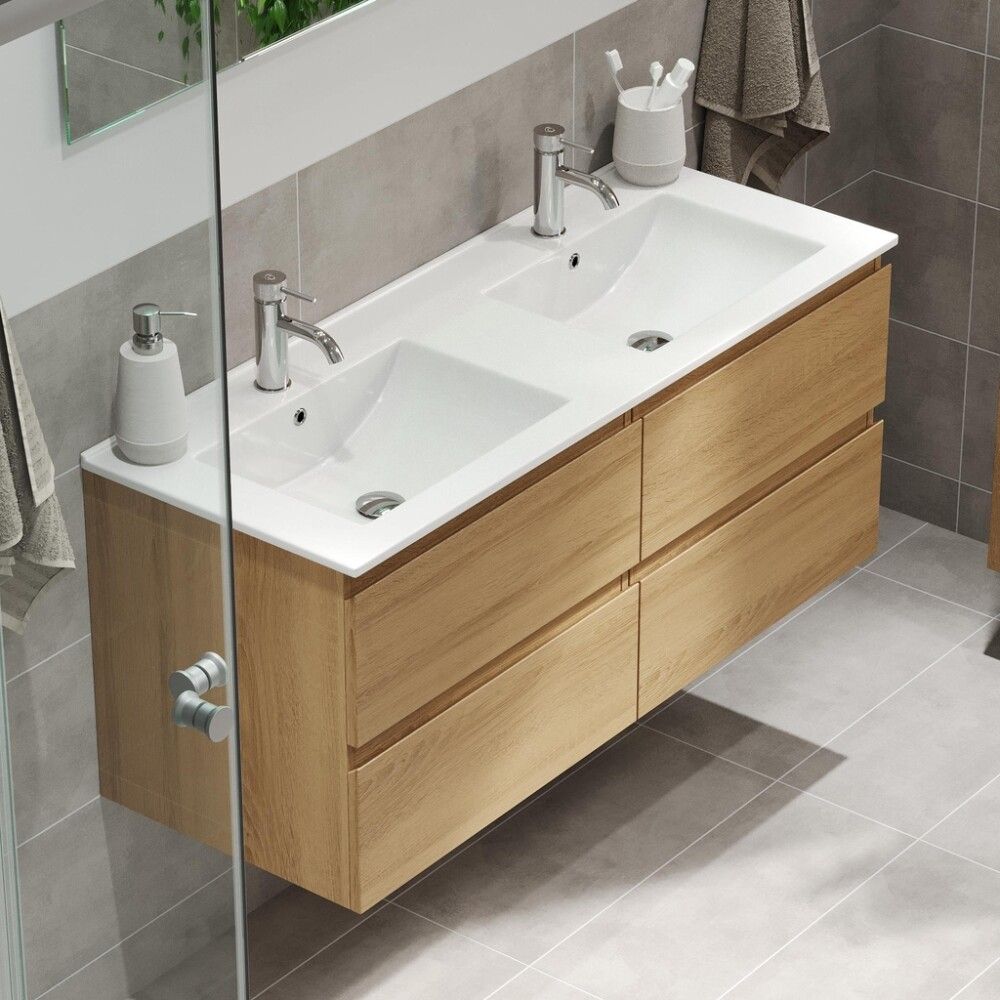 Baðinnrétting tvöföld handlaug 120 cm Camden Integrated eik