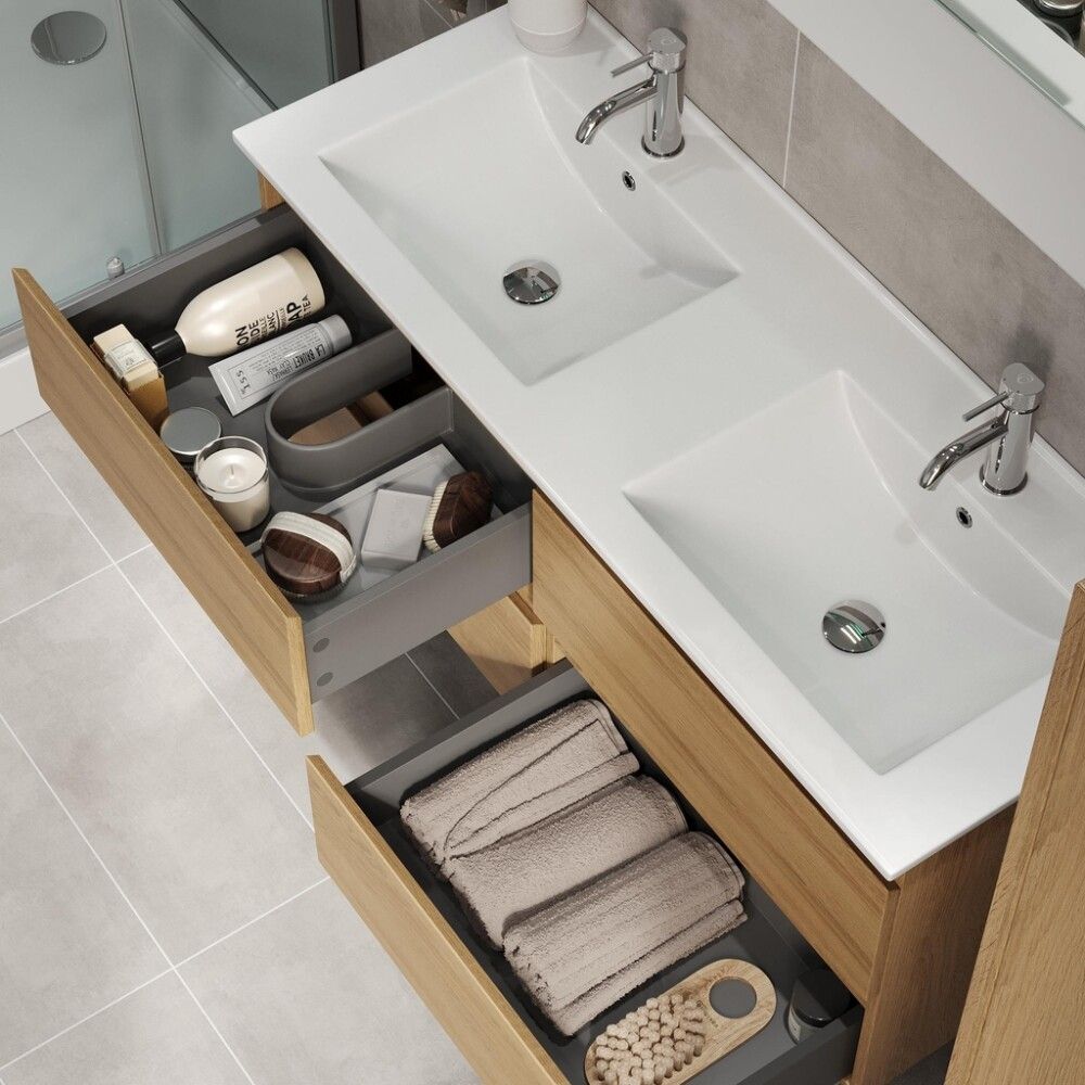 Baðinnrétting tvöföld handlaug 120 cm Camden Integrated eik