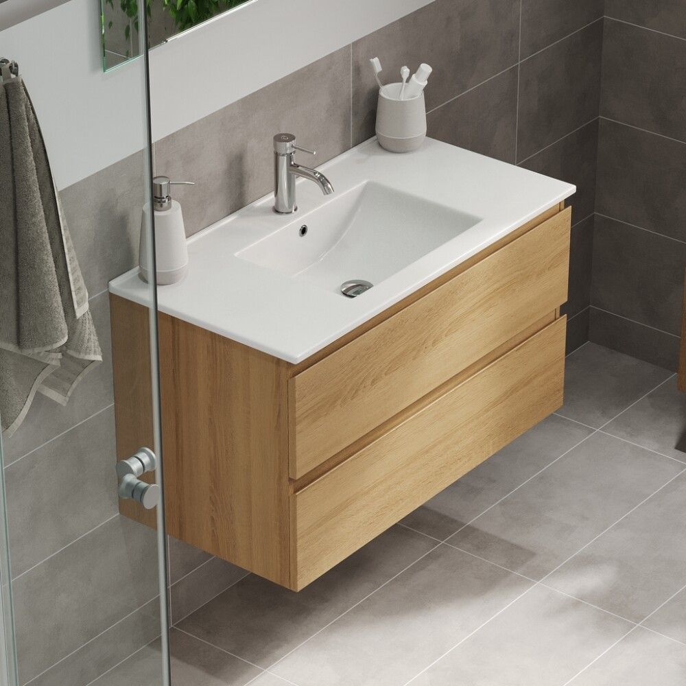 Baðinnrétting með handlaug 90 cm Camden Integrated eik