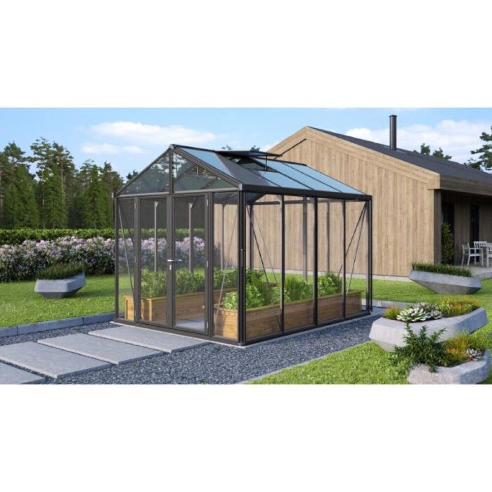 Gróðurhús Poseidon 8,1 m² svart 3 mm hert gler og polyþak