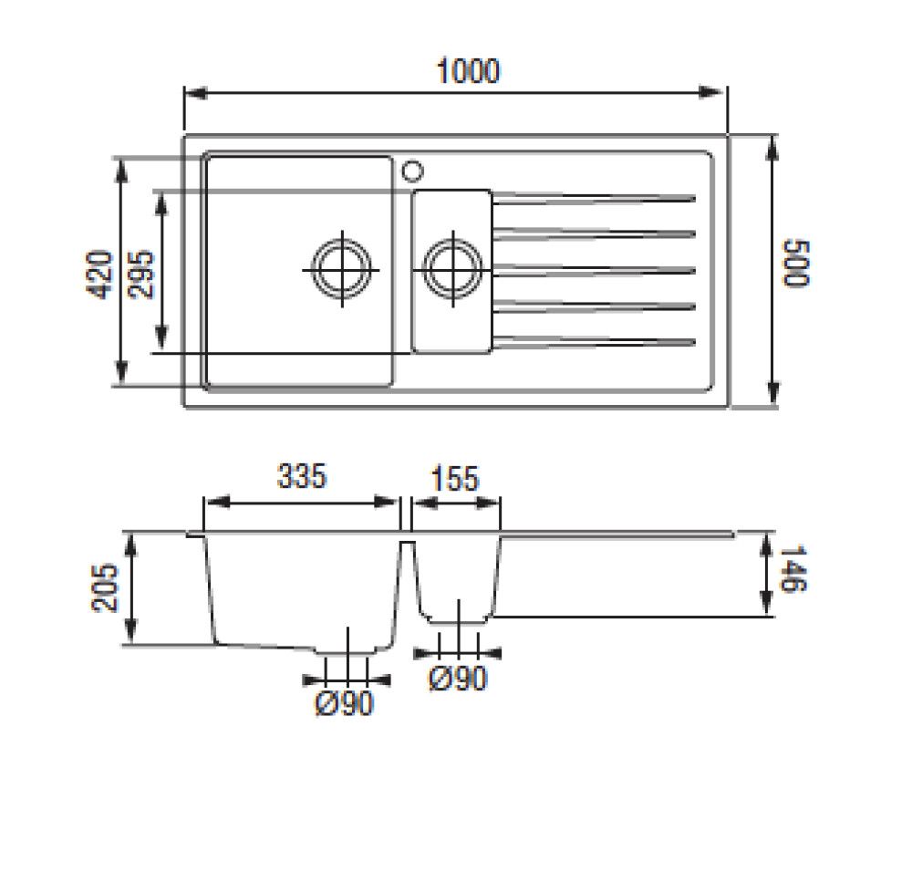 Stálvaskur 1½ hólf með vaskaborði 1000x500 mm Secher svartur