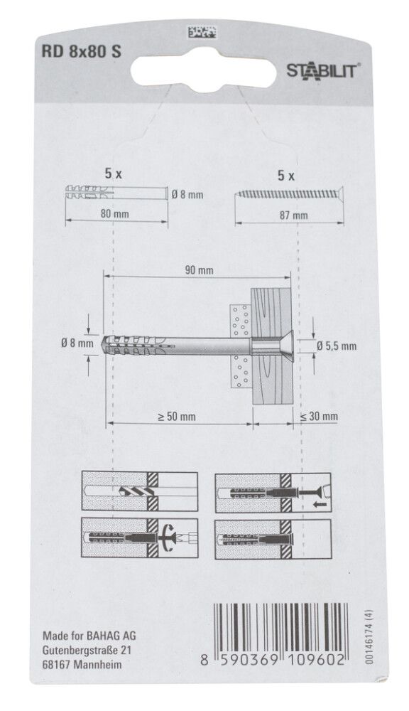 Múrtappar 8x80mm Stabilit 5stk með skrúfum