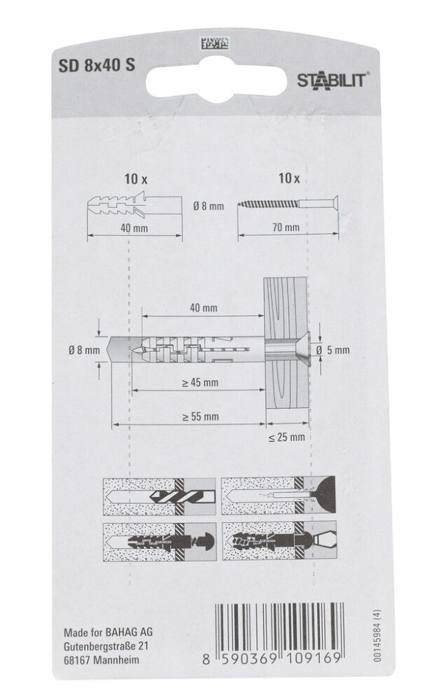Múrtappi 8x40mm Stabilit 10stk með skrúfum