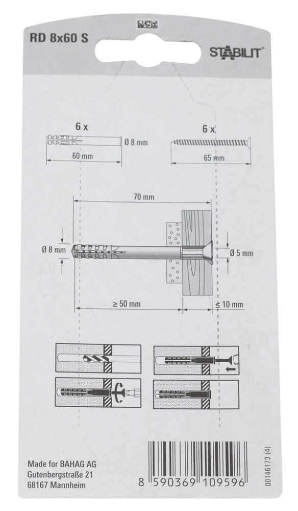 Múrtappar 8x60mm Stabilit 6stk með skrúfum