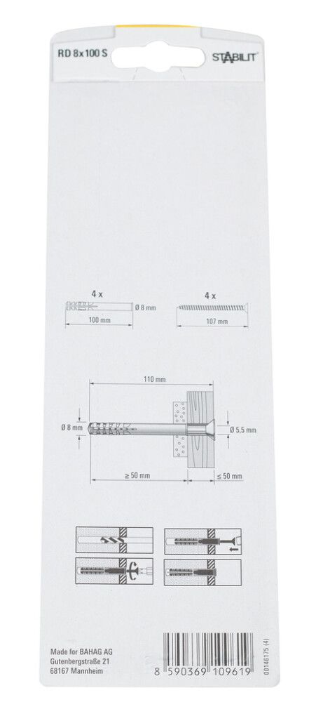 Múrtappar 8x100mm Stabilit 4stk með skrúfum