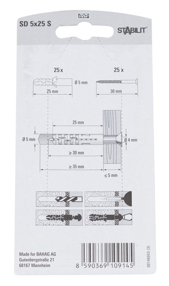 Múrtappi 5x25mm Stabilit 25stk með skrúfum