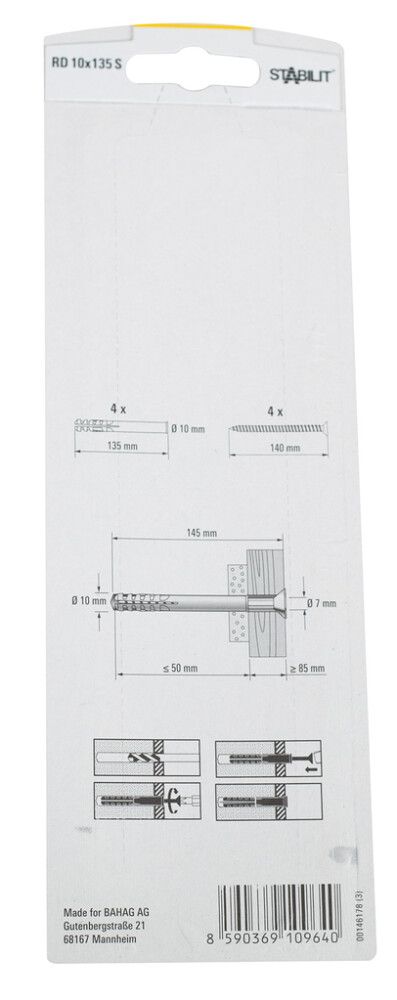 Múrtappar 10x135mm Stabilit 4stk með skrúfum