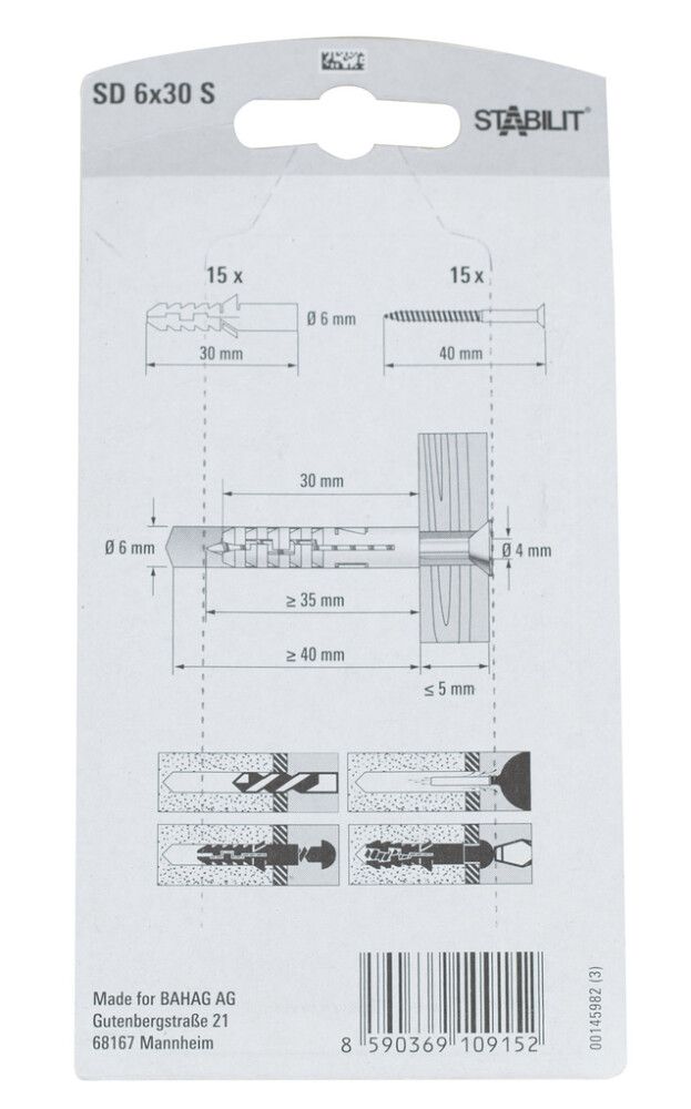 Múrtappi 6x30mm Stabilit 10stk með skrúfum