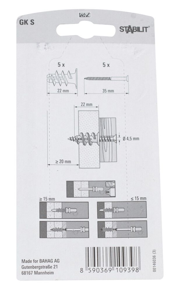 Gipstappar Stabilit 22mm 5stk með skrúfum