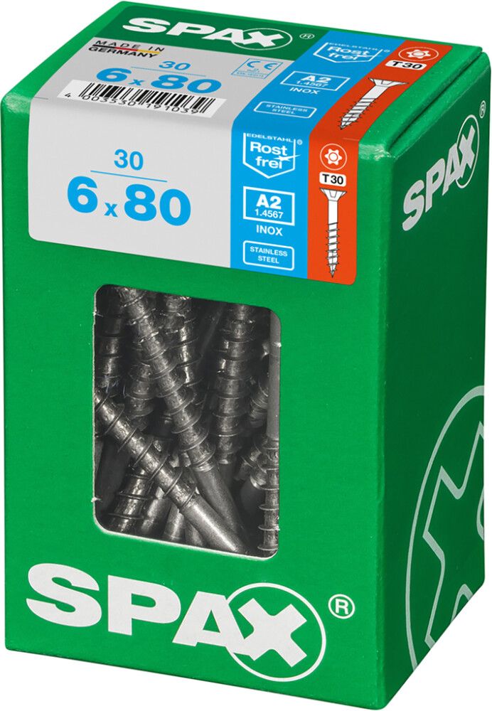 Tréskrúfur TX30 Ø6x80 mm 300 stk Spax A2
