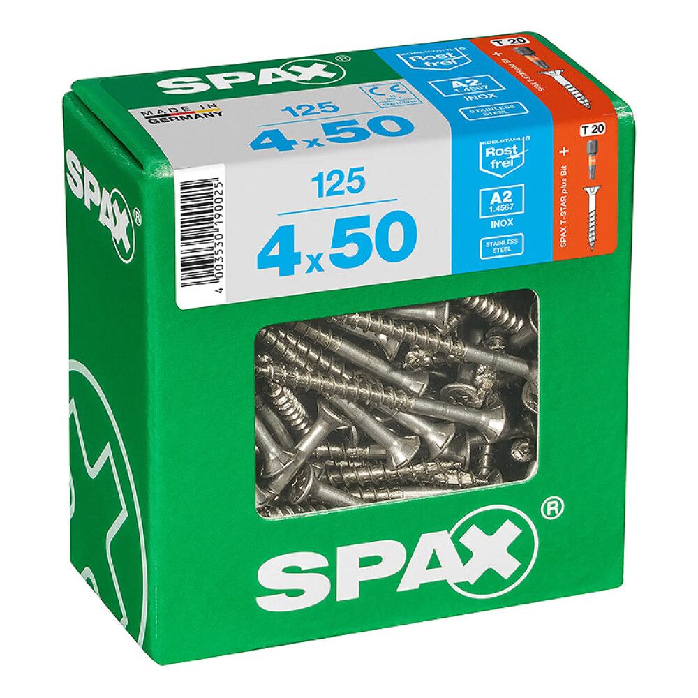 Tréskrúfur TX Ø4x50 mm 125 stk Spax A2 ryðfrí