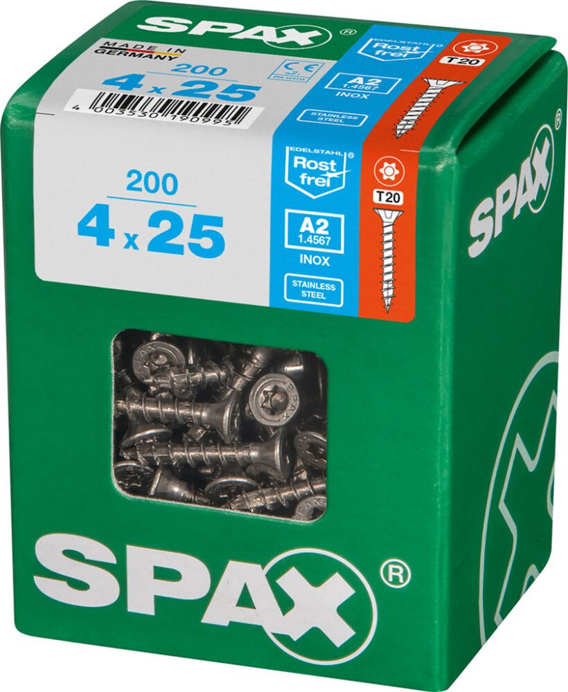 Tréskrúfur TX20 Ø4x25 mm 200 stk Spax A2
