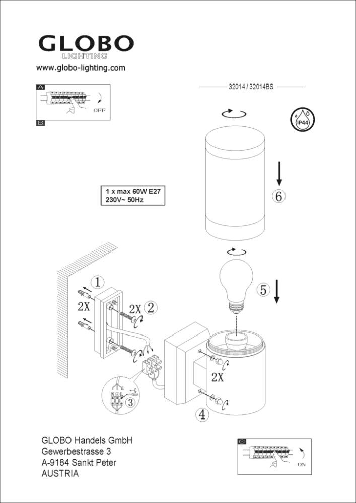 Útiveggljós E27 Globo Xeloo IP44 Ø10x38cm ryðfrítt stál