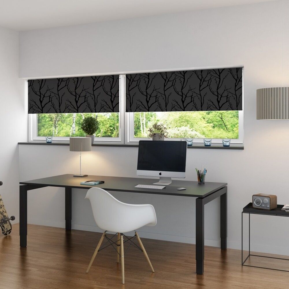 Myrkvunarrúllugardína 90x210 cm Debel trémynstur grá/svört