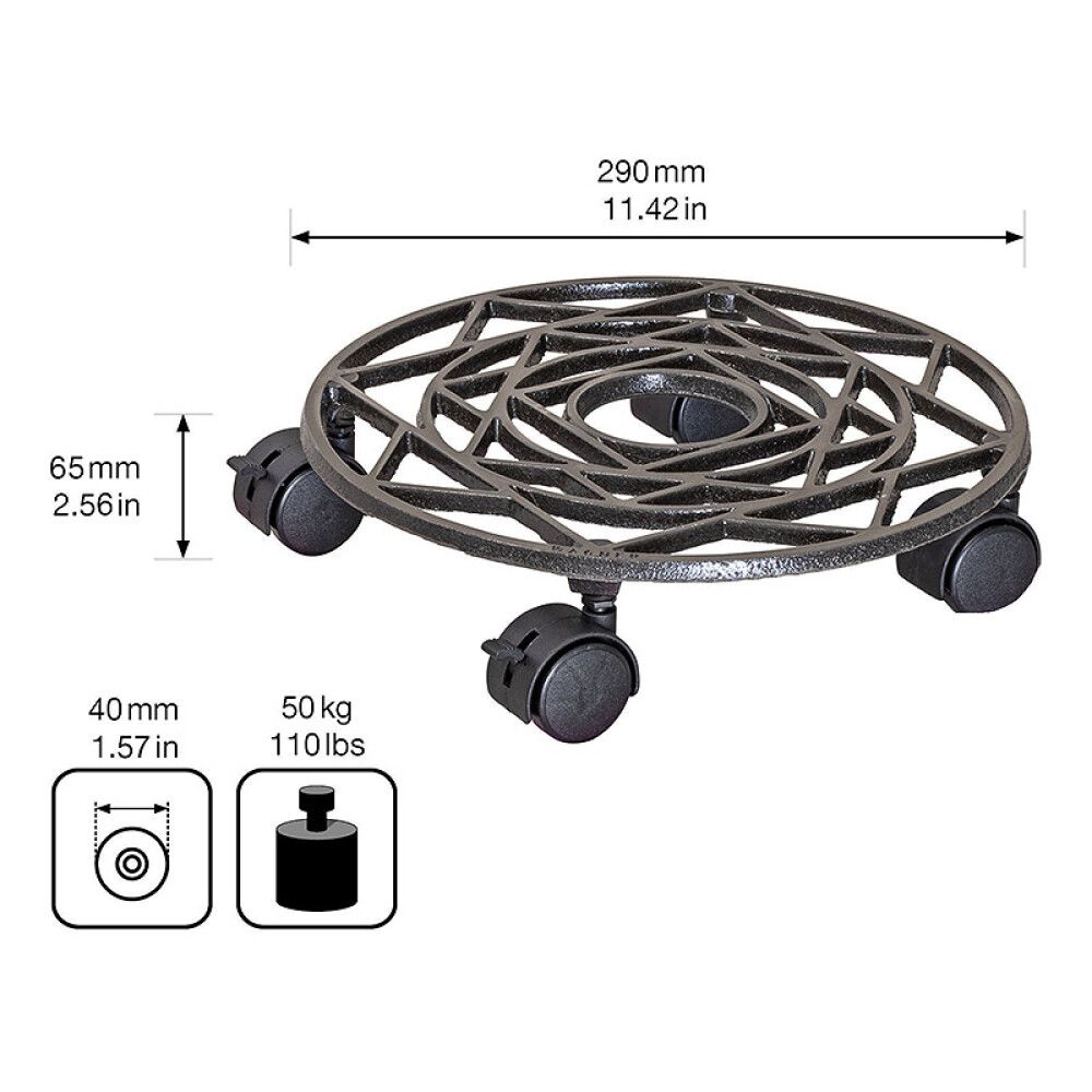 Rúllubretti fyrir blómapott 28,5cm 50kg ryð