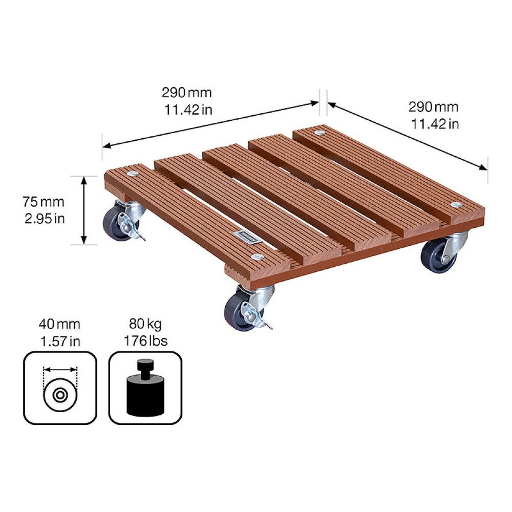 Rúllubretti fyrir blómapott 29cm 80kg brúnt