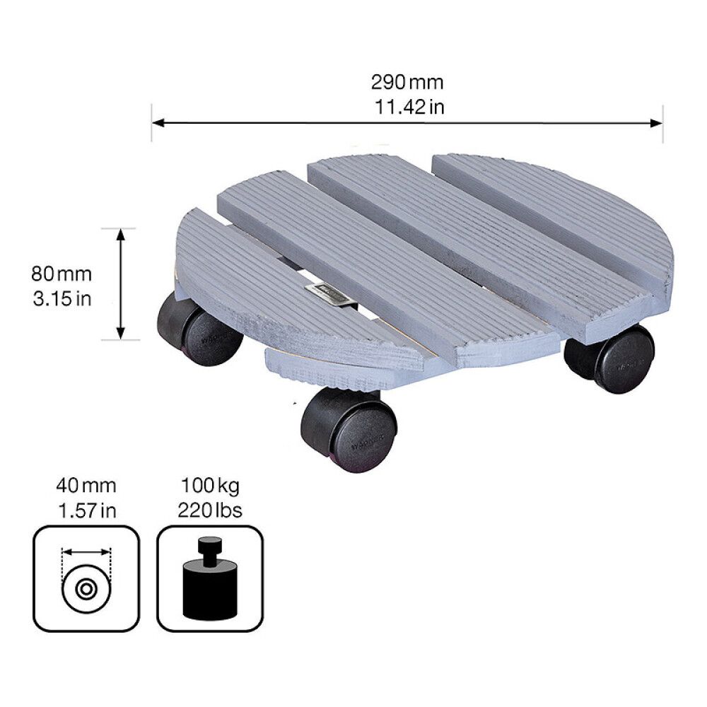 Rúllubretti fyrir blómapott 29cm 100kg grátt 