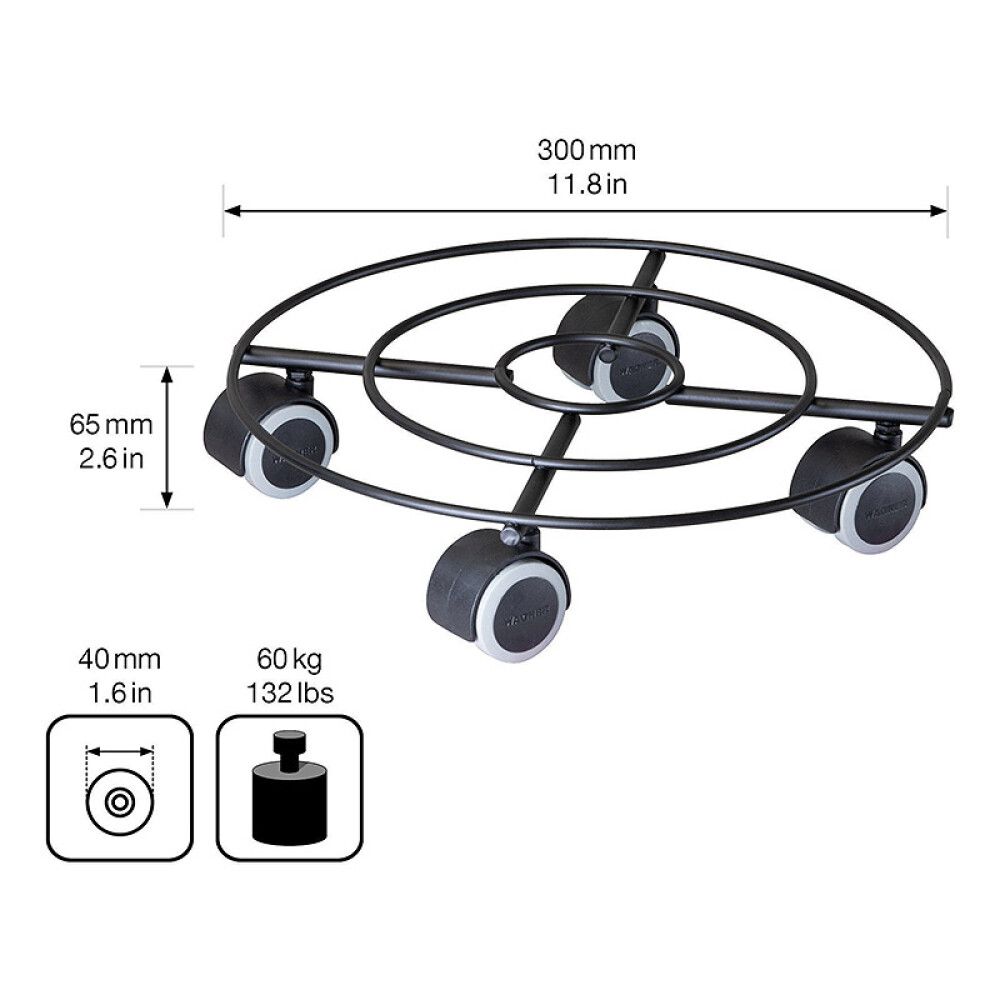 Rúllubretti fyrir blómapott 30cm 60kg svart