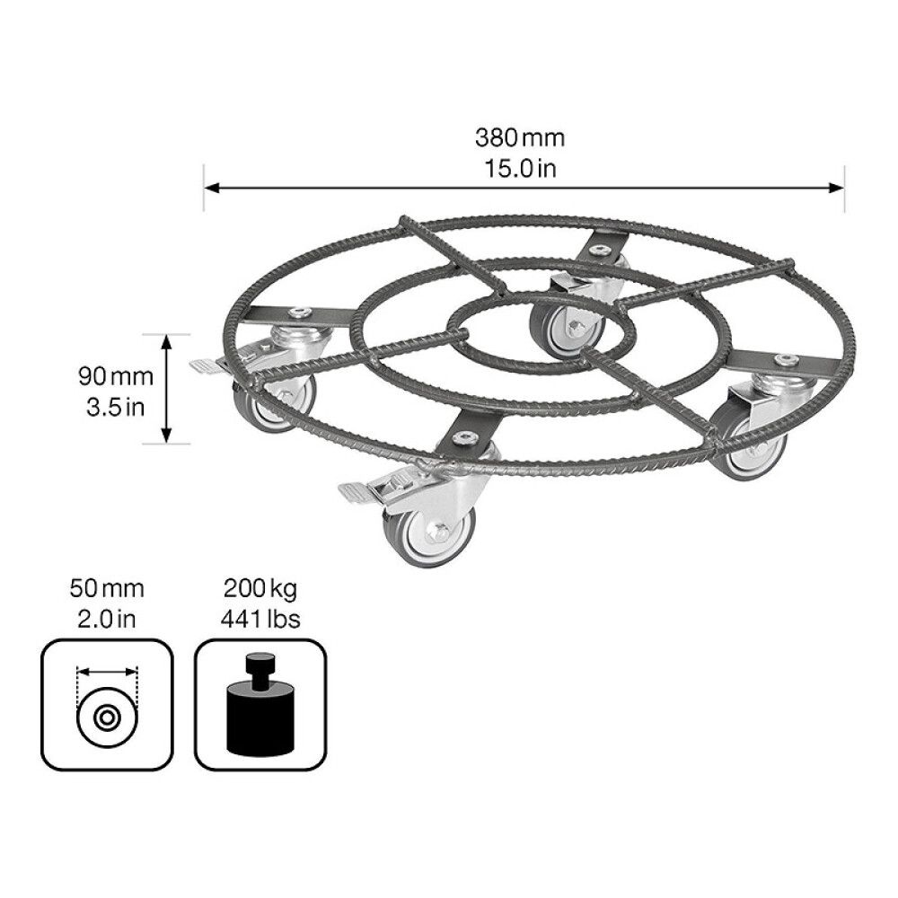 Rúllubretti fyrir blómapott 38cm 200kg stál