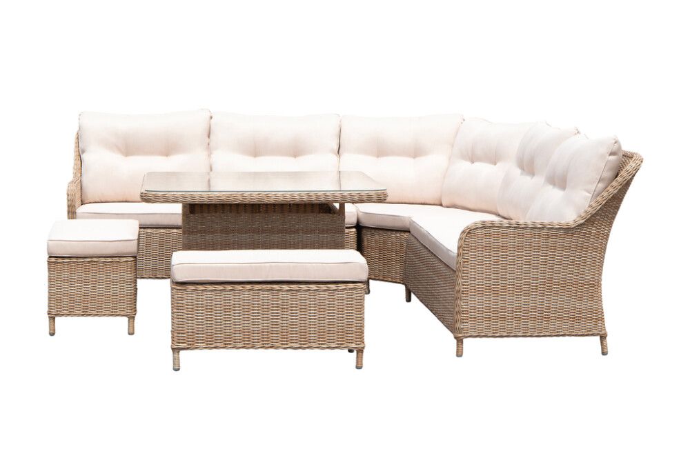 Garðsett Katja með skemlum polyrattan hvítt/beis Sunfun