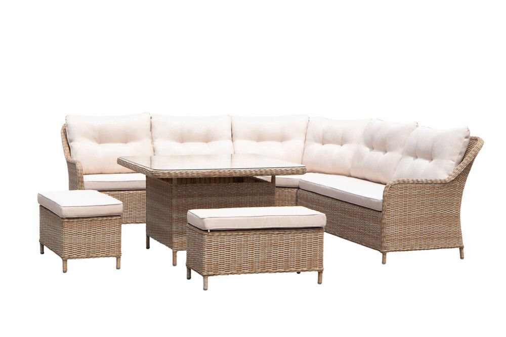 Garðsett Katja með skemlum polyrattan hvítt/beis Sunfun