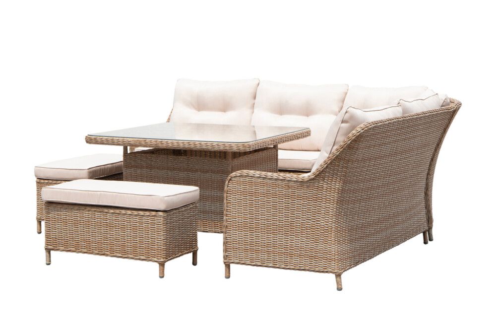 Garðsett Katja með skemlum polyrattan hvítt/beis Sunfun