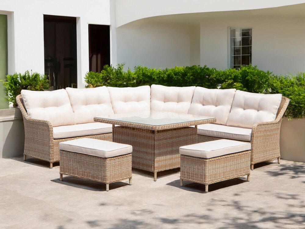 Garðsett Katja með skemlum polyrattan hvítt/beis Sunfun