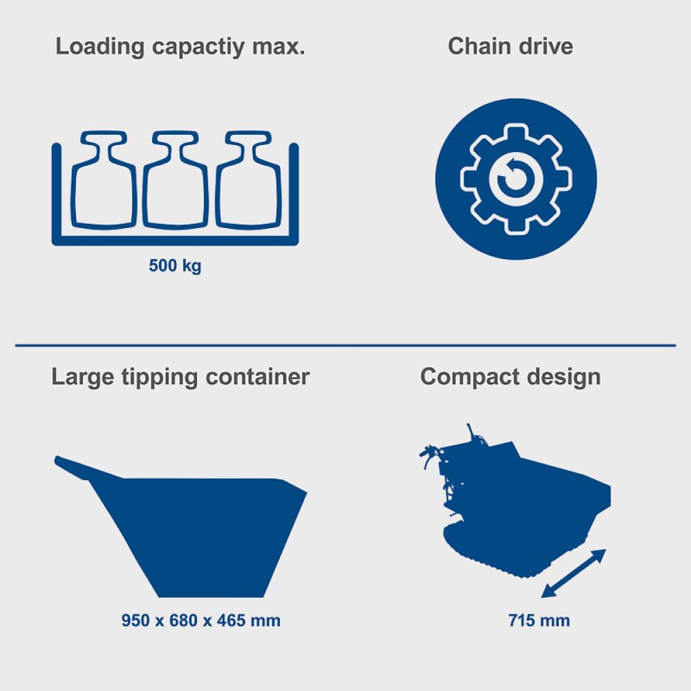 Hjólbörur bensín 6,5 hö Scheppach DP5000 hámark 500 kg