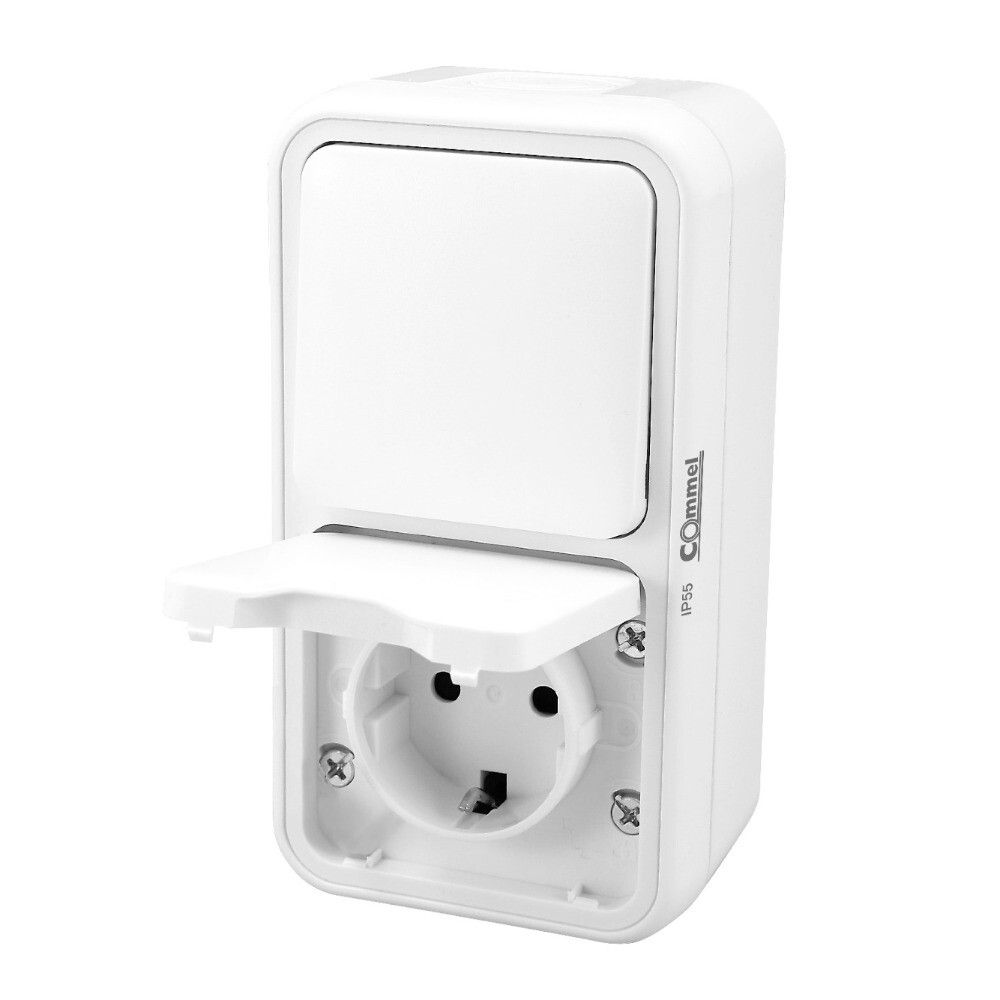 Tengill og rofi rakaþétt IP55 Commel hvítt