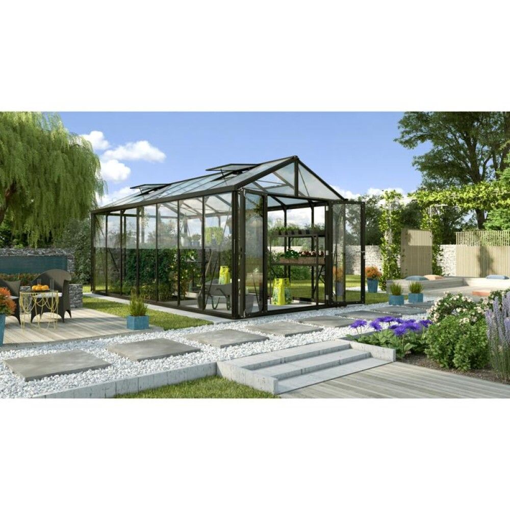 Gróðurhús Poseidon 13,8 m² svart 3 mm hert gler og polyþak