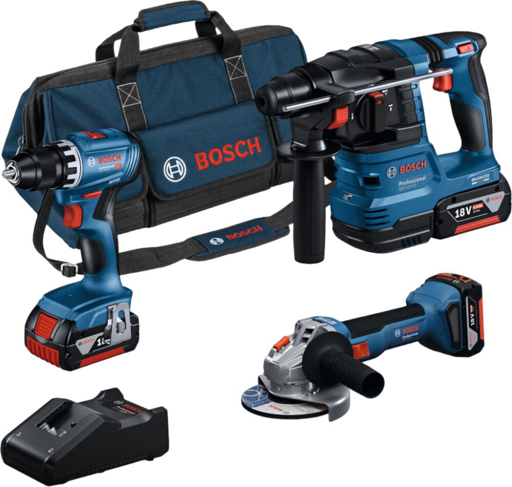 Verkfærasett 18V 3 vélar + 3x4Ah Bosch GSR + GBH + BWS
