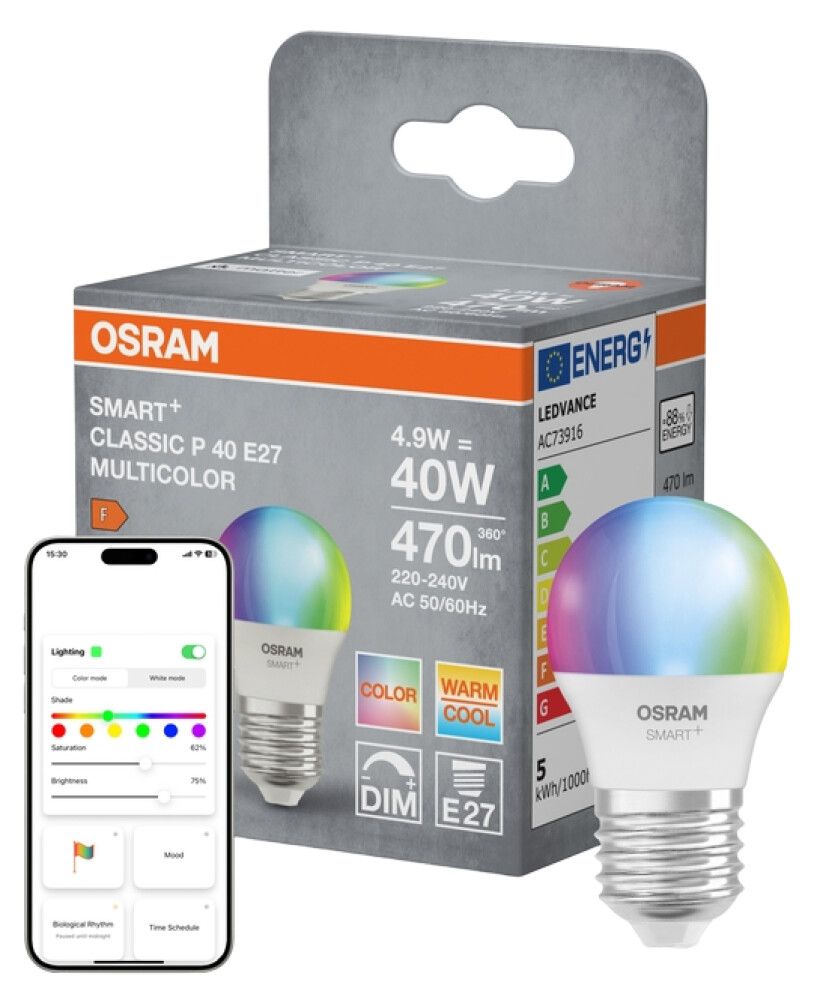 Snjallpera LED E27 RGBW 2700-6500K Smart+ 4,9W Ø47mm