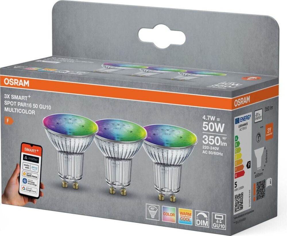 Snjallpera LED GU10 RGBW 2700-6500K Smart+ 4,7W Ø47mm