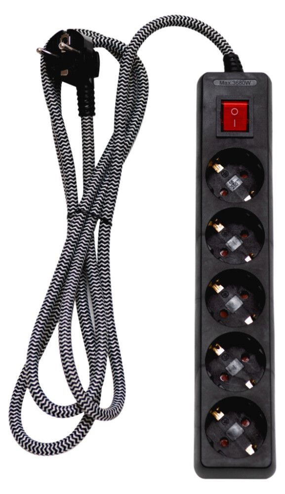 Fjöltengi með rofa 5F textíl 2m Airam svart