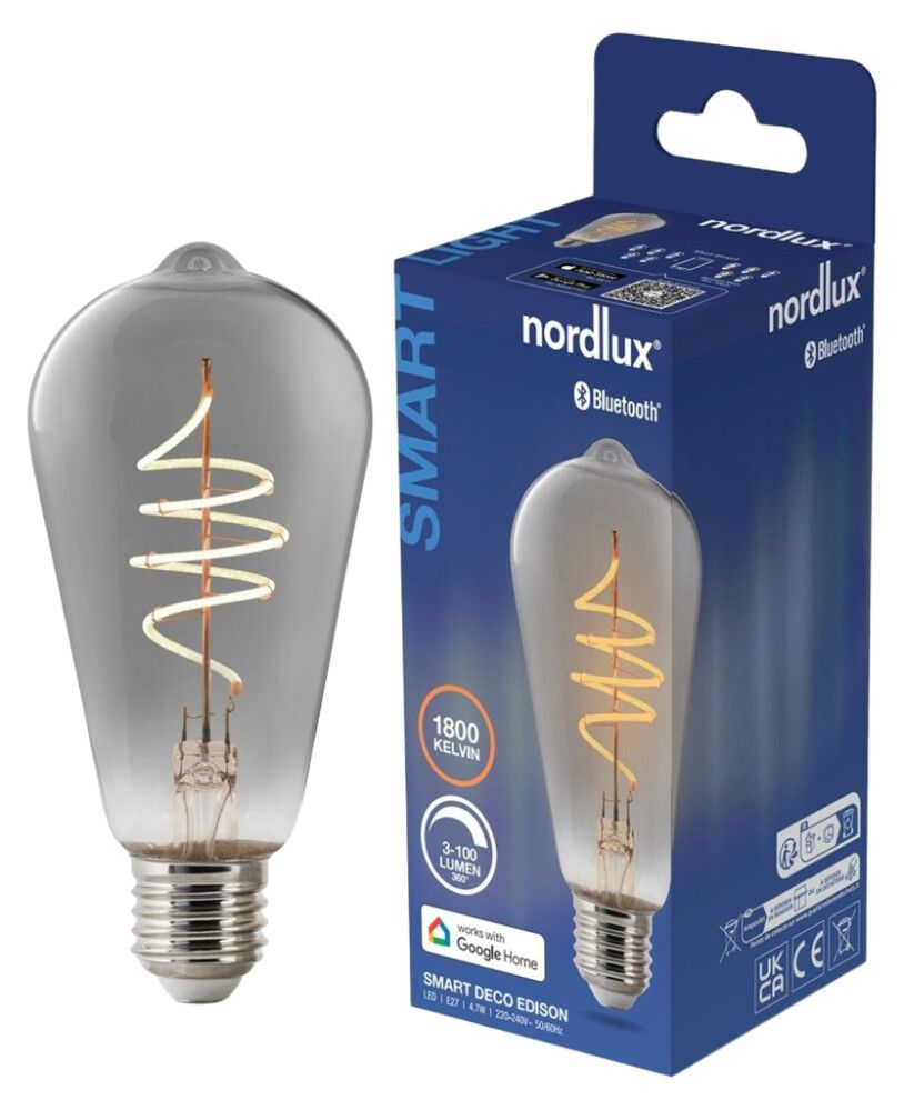 Snjallpera LED E27 Reykt filament 1800K Nordlux 4,7W Ø64mm