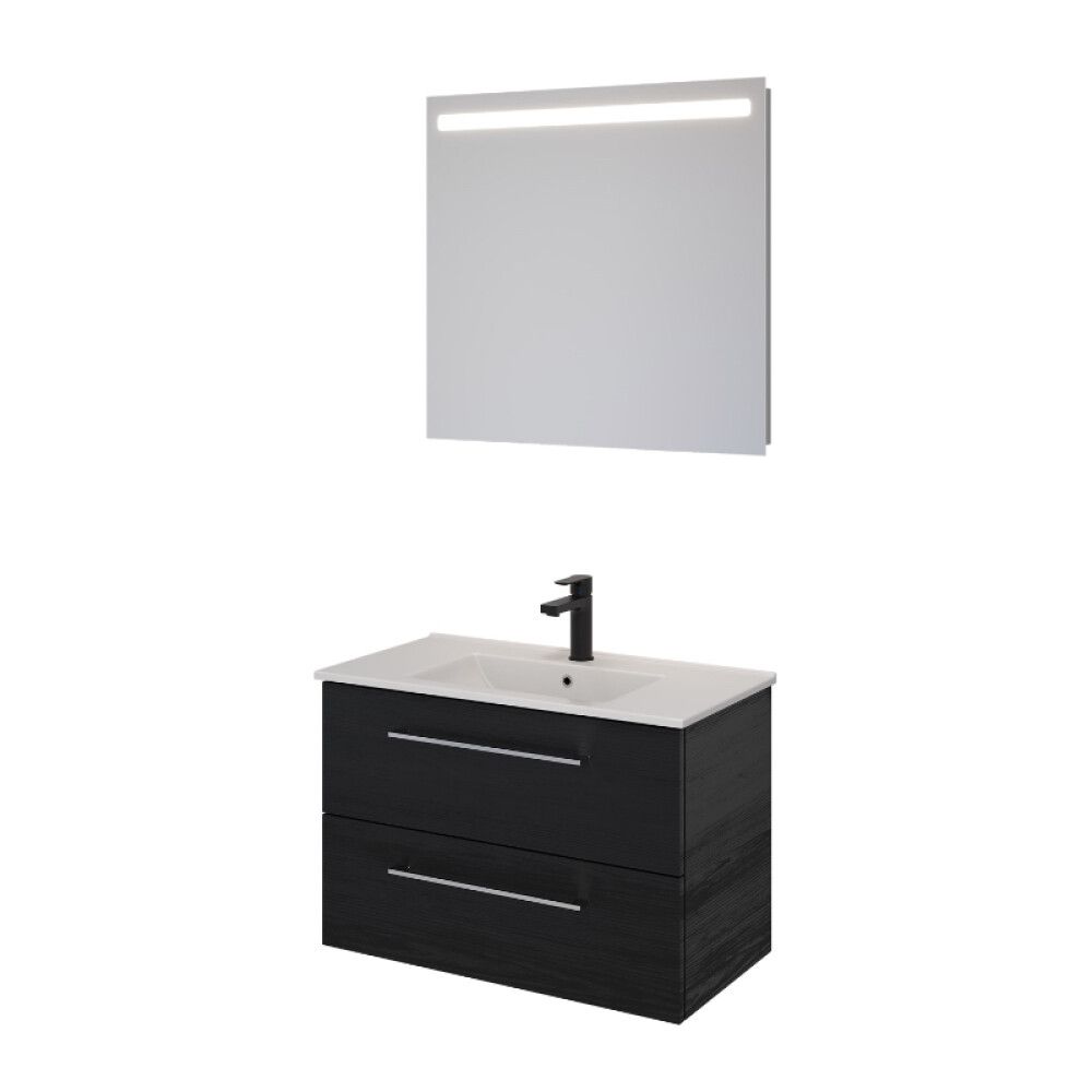 Baðinnrétting með LED spegli 75cm svart