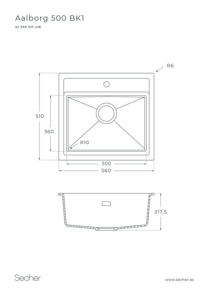 Stálvaskur einfaldur Aalborg 54x50cm 500BK1 granít svartur