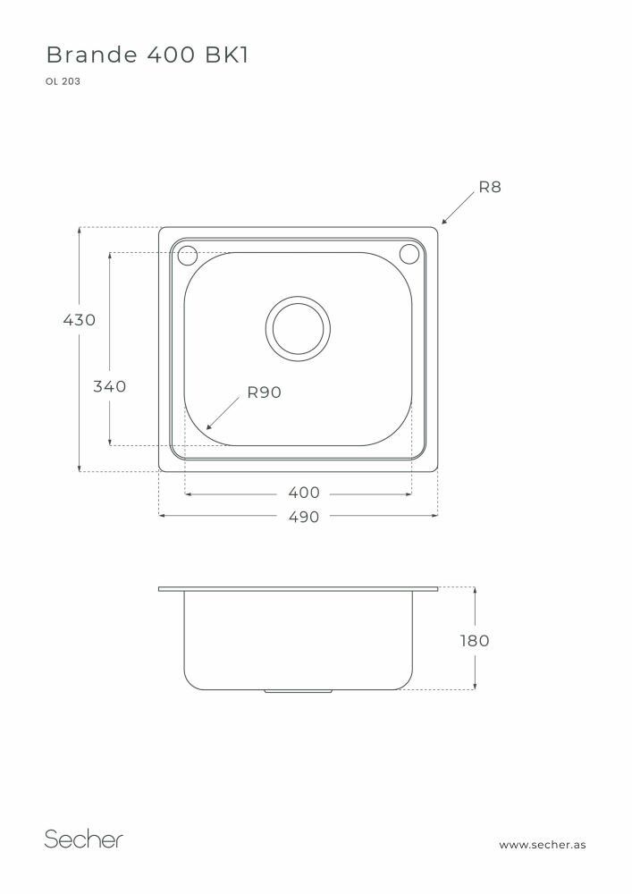 Stálvaskur einfaldur 490x430 mm Oulin