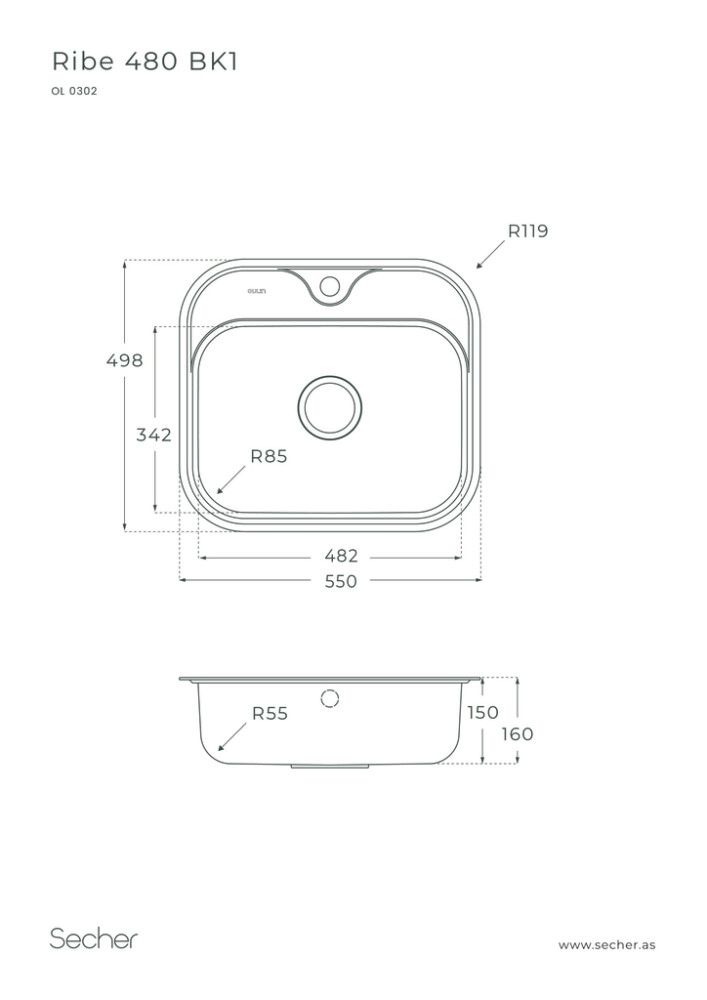 Stálvaskur einfaldur 550x498 mm Oulin