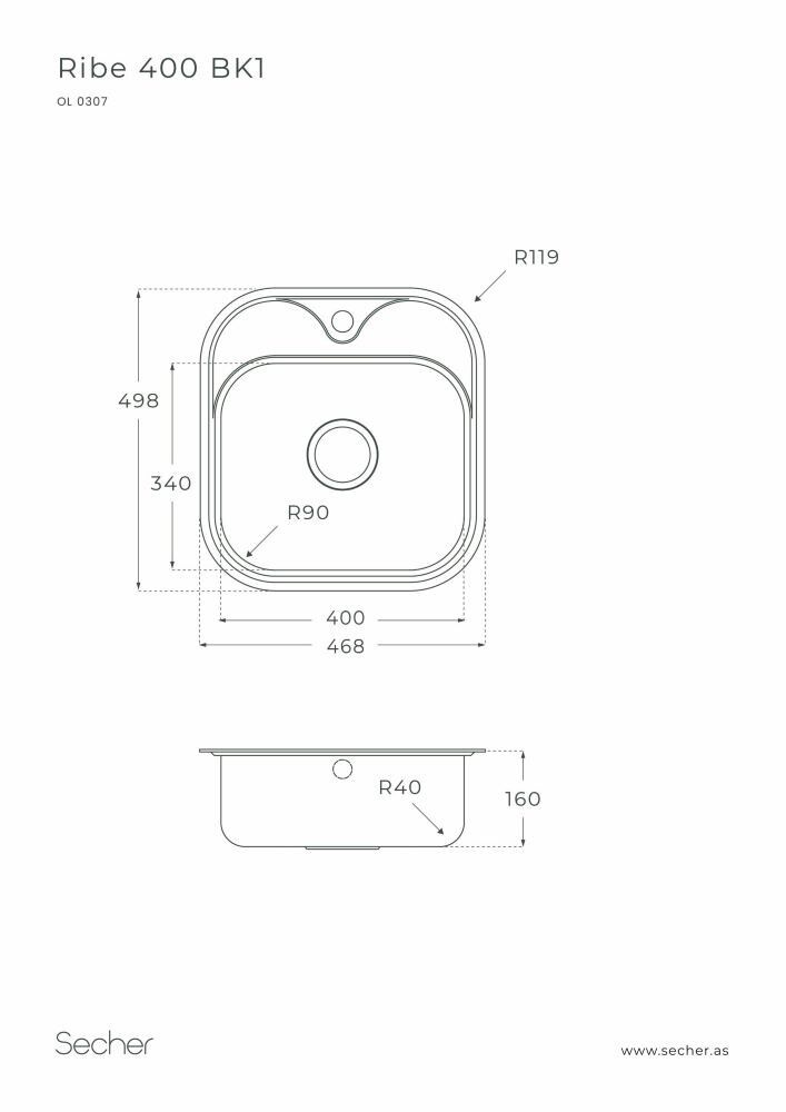Stálvaskur einfaldur 468x498 mm Oulin