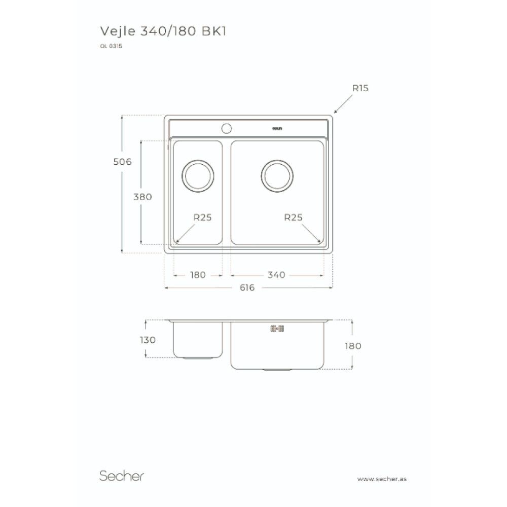 Stálvaskur 1½ hólf 616x506 mm Oulin